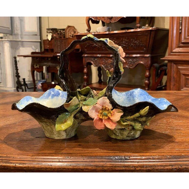 French 19th Century French Painted Ceramic Barbotine Basket From Montigny-Sur-Loing For Sale - Image 3 of 11