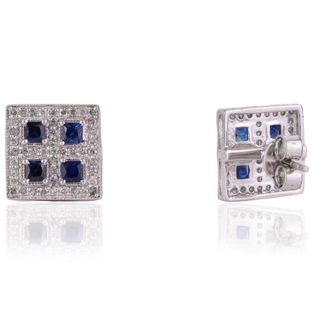 Not Yet Made - Made To Order Art Deco Blue Sapphire & Diamond Square Halo Wedding Stud Earrings - 2 Pieces For Sale - Image 5 of 13