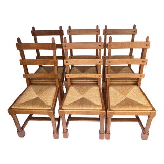 Vintage 1950s French Oak Ladder-Back Rush Seat Chairs - Set of 6 For Sale