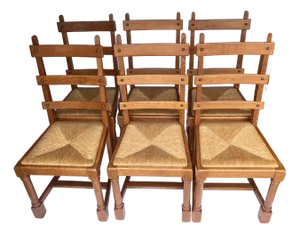 Vintage 1950s French Oak Ladder-Back Rush Seat Chairs - Set of 6