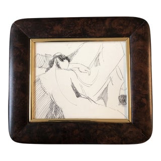 1970’s Vintage Original Abstract Nude Pen & Ink Drawing Vintage Burled Wood Frame For Sale