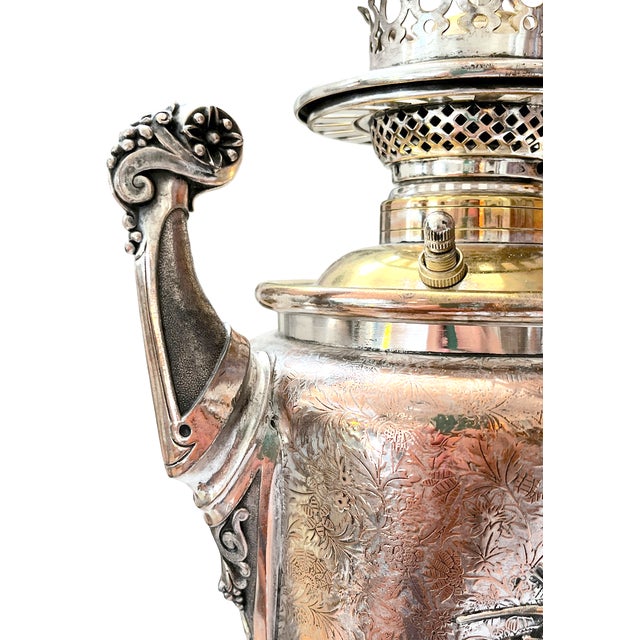 Antique Late 19th Century Silver-Plated Oil Lamp Converted to Table Lamp With Bird & Floral Decoration, 23" For Sale - Image 9 of 14