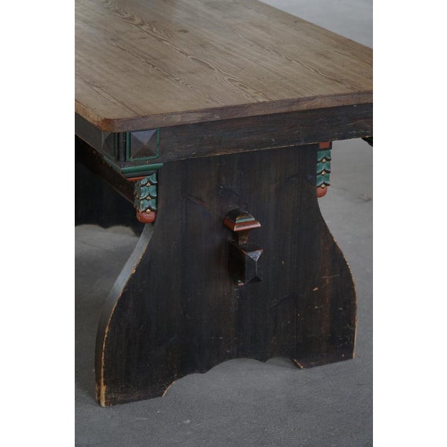 1940s Scandinavian Rustic Folk Art Dining Table in Stained Pine, 1900s For Sale - Image 5 of 18