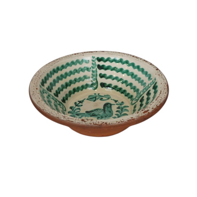 Spanish Ceramic Bowl with Green Bird Motif and Glazed Inside, 1980s For Sale - Image 3 of 7