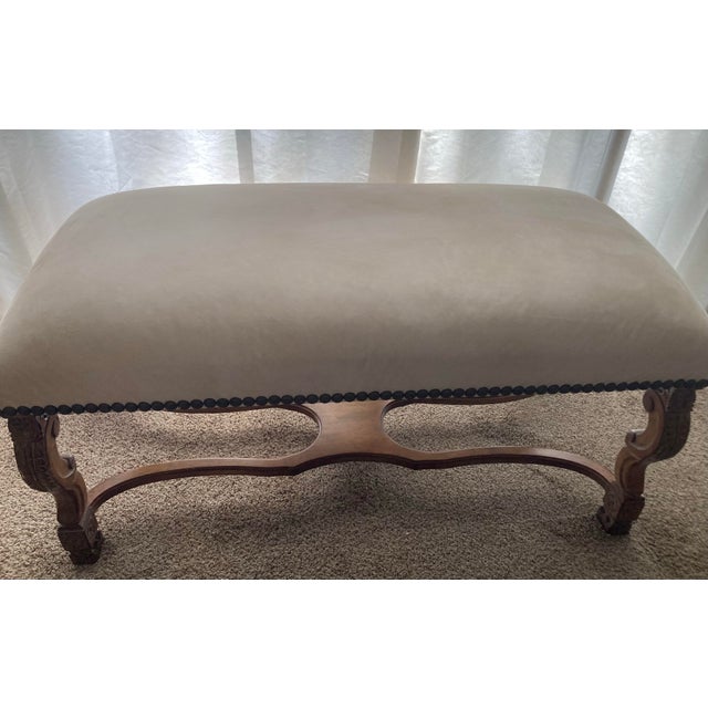 Cream Kreiss Collection Original Beige Gorgeous Large Ottoman Studded With Wood Legs For Sale - Image 8 of 12