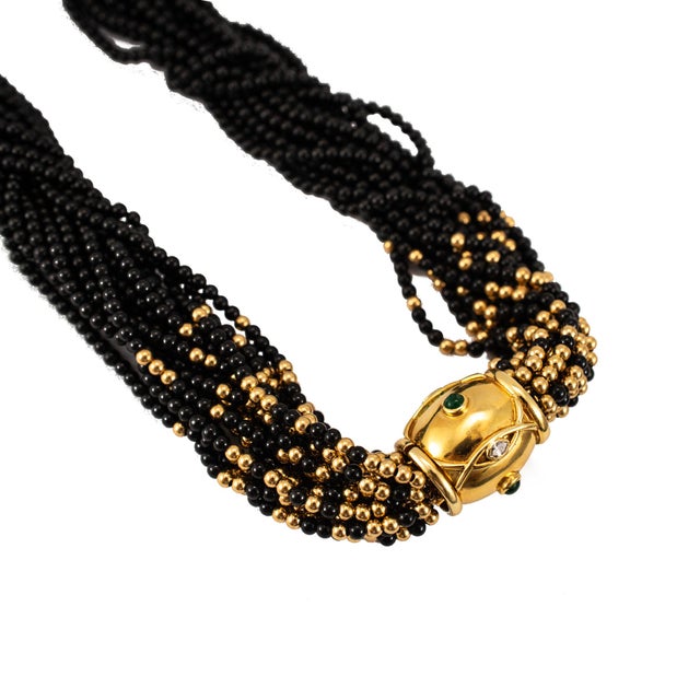 Metal Vintage 14k Yellow Gold Emerald Diamond Multi Strand Onyx Bead Pendant Necklace For Sale - Image 7 of 8