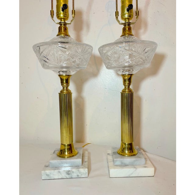 Pair of Tall Vintage Brass Crystal Marble Electric Parlor Table Lamps Antique For Sale In New York - Image 6 of 12