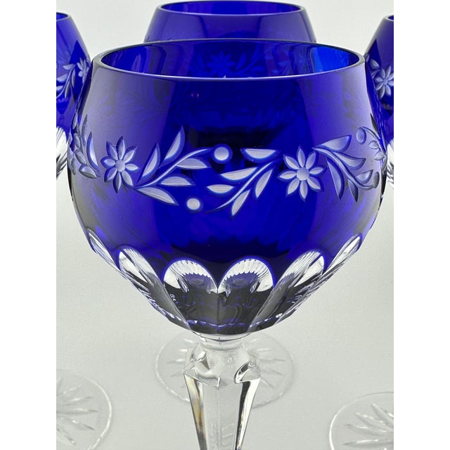 Cobalt Cut-to-Clear Wine Hocks | Set of 4 Vintage Design Guild by Ajka Hungarian Crystal For Sale In Boston - Image 6 of 9