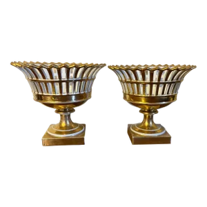 Antique Early 19th C. French Empire Paris Porcelain Gilt Reticulated Centerpiece Baskets or Corbeilles - a Pair