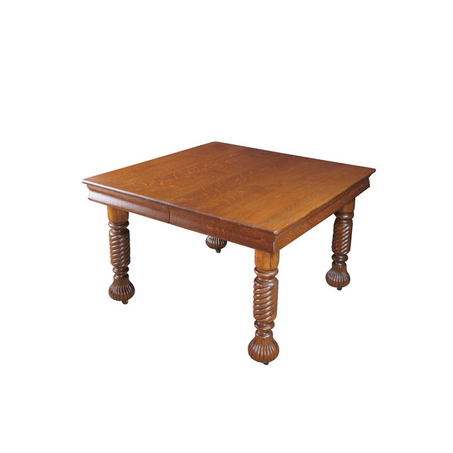 Victorian Antique American Arts & Crafts Quartersawn Oak Barley Twist Dining Table Extends For Sale - Image 3 of 18