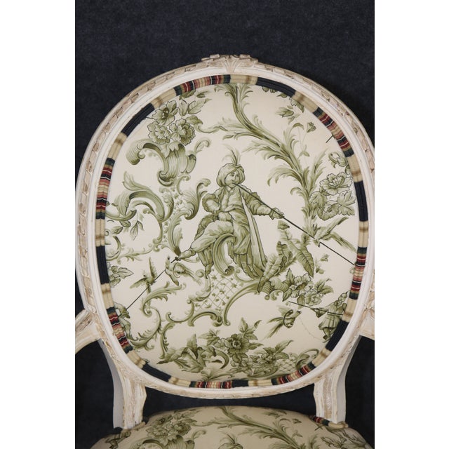 Pair of Distressed French Louis XV Style Painted Arm Chairs W/ Toile Upholstery For Sale - Image 14 of 14