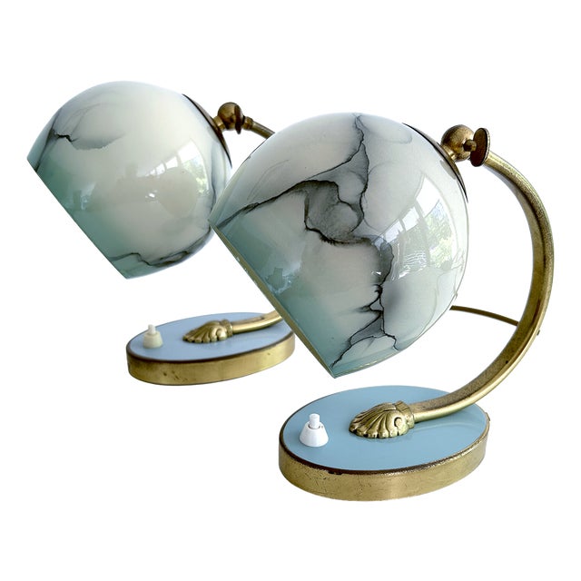 Art Deco Table Lamps in Brass and Glass, Set of 2 For Sale