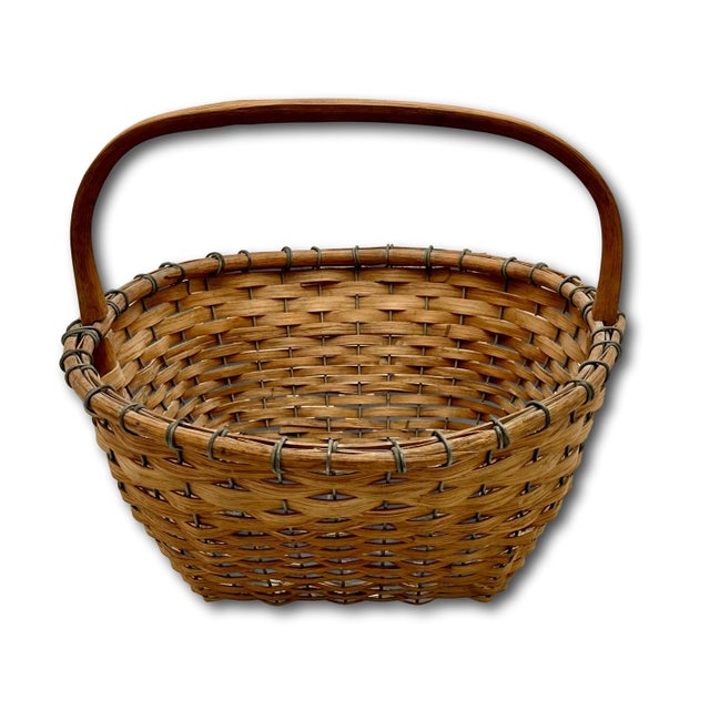 Chocolate Large Authentic Vintage Steel Wire & Ash Wood Splint Massachusetts Famous Ipswich Clam Diggers Gathering Basket For Sale - Image 8 of 18