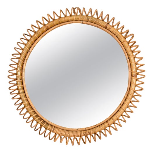 Large Vintage Round Mirror in Rattan and Wicker by Franco Albini, 1960s For Sale