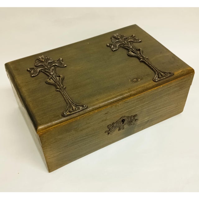 Swiss wooden desktop postcard storage box with metal art nouveau appliques, from the high-end boutique Papeterie Robert...