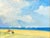 Oil painting on canvas board of a seaside with sailboats in the distance under a dramatic sky and children in the...