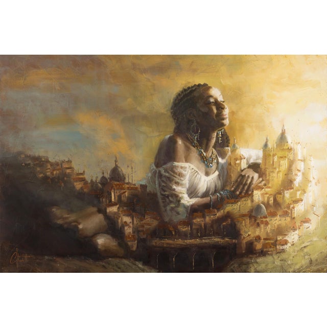 This oil on panel artwork presents a serene figure emerging from a vibrant landscape that blends elements of a cityscape...