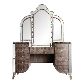Hollywood Swank Upholstered Vanity With Mirror in Amazing Gator by Aico For Sale