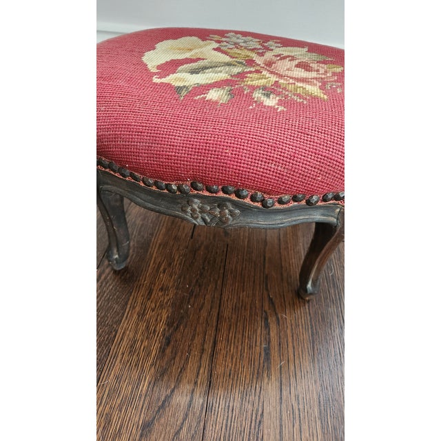 Early 20th Century Vintage Floral Needlepoint Footstool For Sale - Image 9 of 12