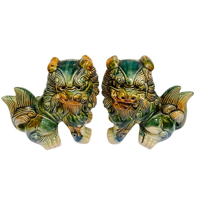 Ceramic Pair of Mid 20th Century Chinese Green & Blue Glazed Ceramic Foo Dog Figurines For Sale - Image 7 of 9