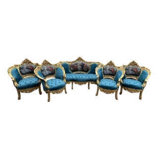 1900s Louis XVI Gold Leaf Blue-Green Velvet Sofa & Chairs - 5 Pieces For Sale