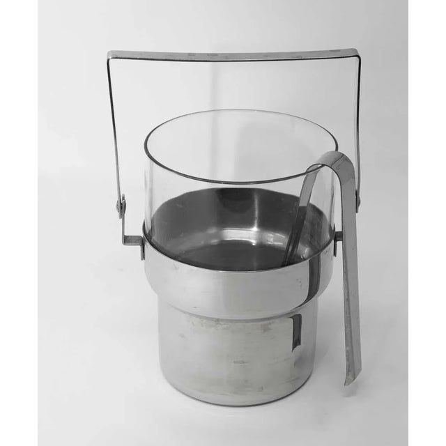 Vintage tabletop ice bucket glass with inox stainless steel handle and tongs. Bar ice bucket decor, Dimensions: With...