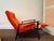 Walnut reclining chair in orange chenille fabric Attributed to Milo Baughman for Thayer Coggin. This piece is unsigned.