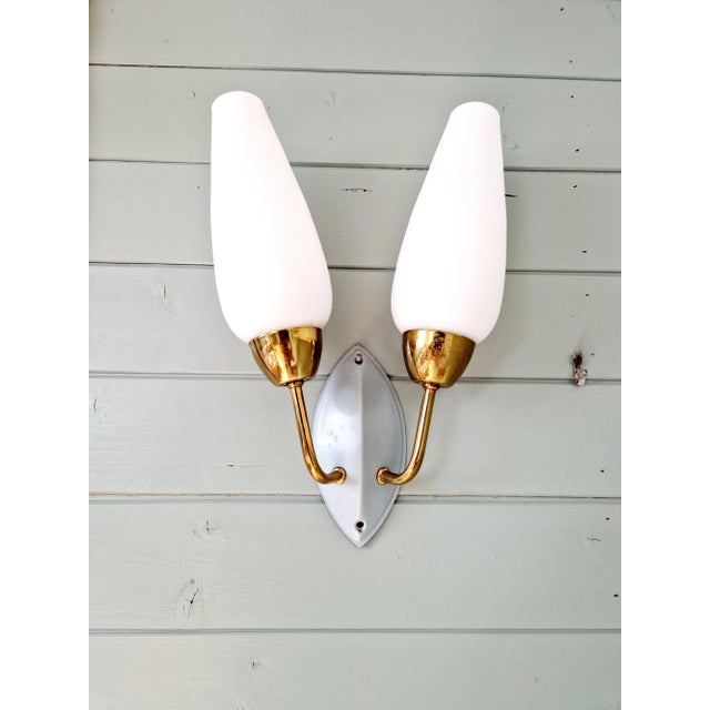 Vintage Double Wall Light in Brass and White Opaline, 1950s For Sale - Image 10 of 10