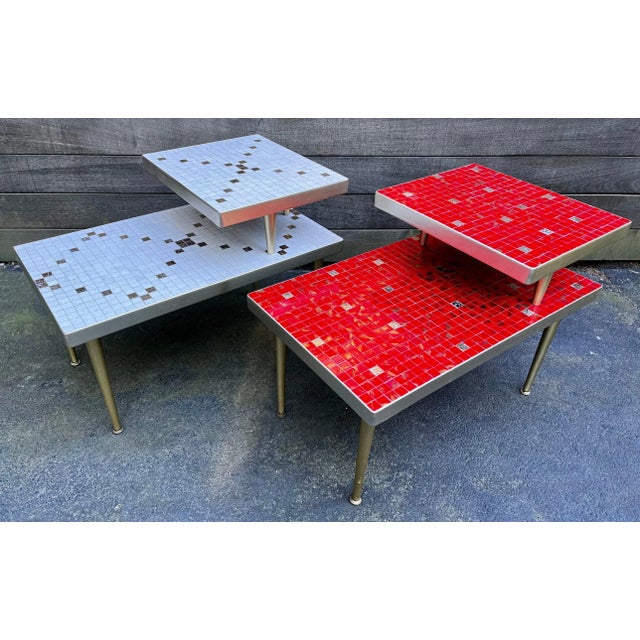 Pair of Mid-Century Two Tier Tile Top End Tables circa 1950 "Interstate Tile & Marble Co" Miami, Florida lower table is...