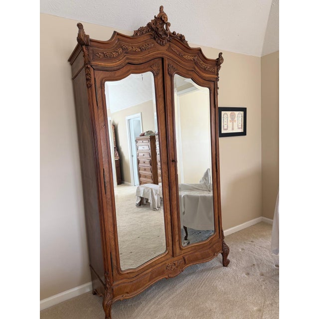 Wood 19th Century French Louis XV Style Walnut Armoire With Beveled Mirror Doors, Circa 1880 For Sale - Image 7 of 17