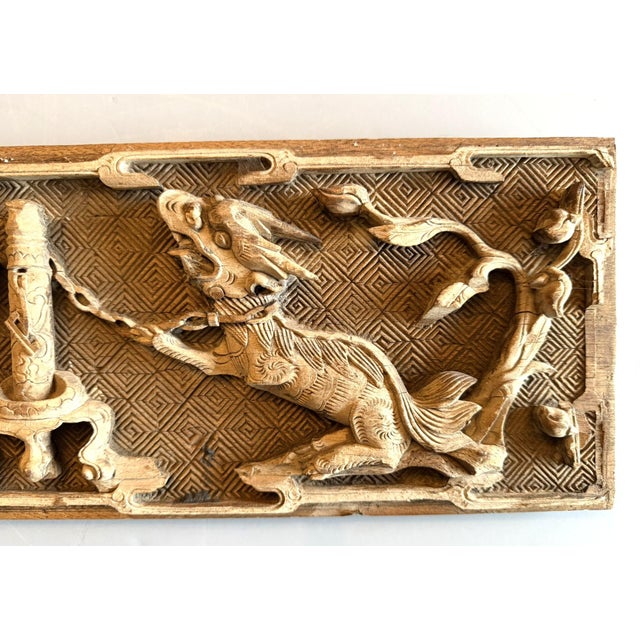 Antique Chinese Carved Wood Panel of Two Mythyical Creatures For Sale - Image 4 of 15