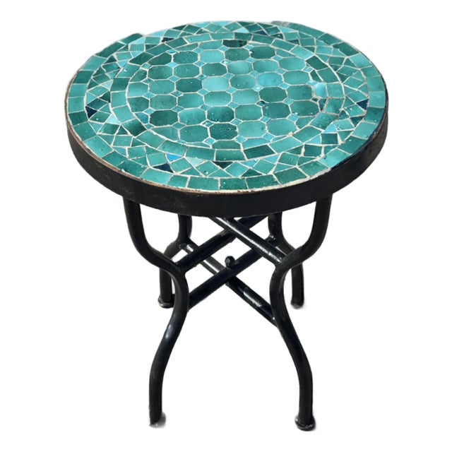 16" Mini Moroccan Mosaic Accent Table – Emerald / Teal Tile Top For Sale