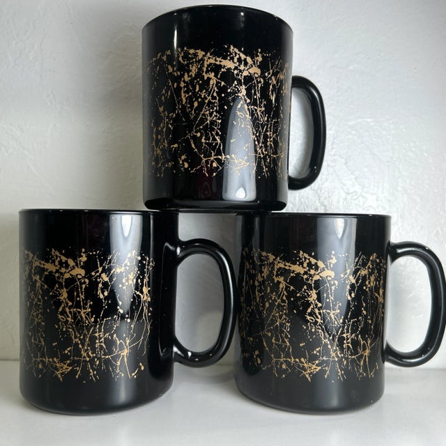 Metal 1980s Gold Splatter Black Glass Coffee Mugs by Arocroc France - Set of 3 For Sale - Image 7 of 7