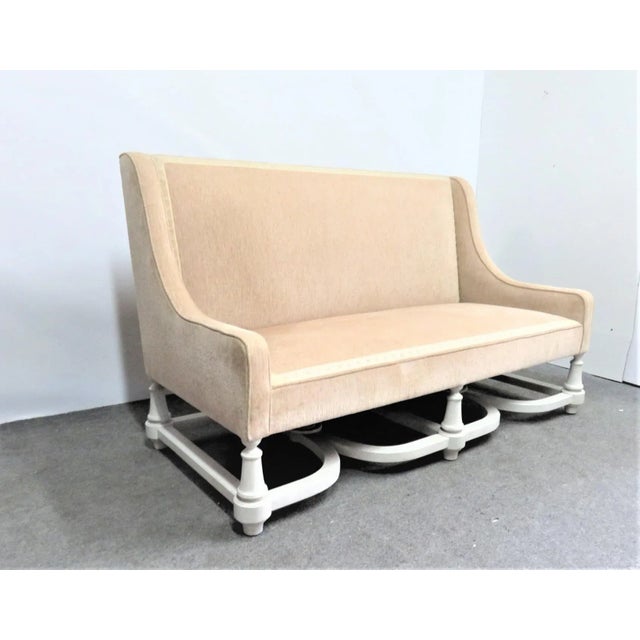 William & Mary style High back sofa, white painted legs with curved stretcher base , light beige fabric with embroidered...