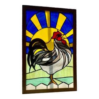 Mid 20th Century Framed Handcrafted Stain Glass Rooster and Vibrant Sunrise For Sale