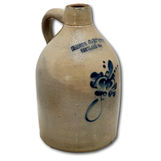 American Scarce Antique American Blue Decorated Stoneware 1 Gallon Jug From Historic Portland Maine Merchant Kendal & Whitney For Sale - Image 3 of 18