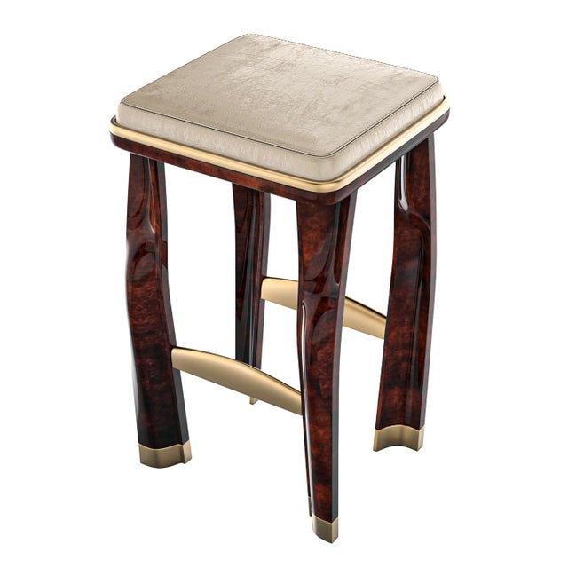 "Pera" Bar Stool With Burl Walnut and Bronze Details, Hand Crafted For Sale - Image 4 of 8
