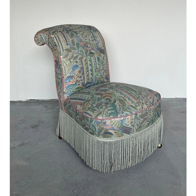 19th Century French Scrolled Back Napoleon III Slipper Chair With Fringe For Sale - Image 5 of 11