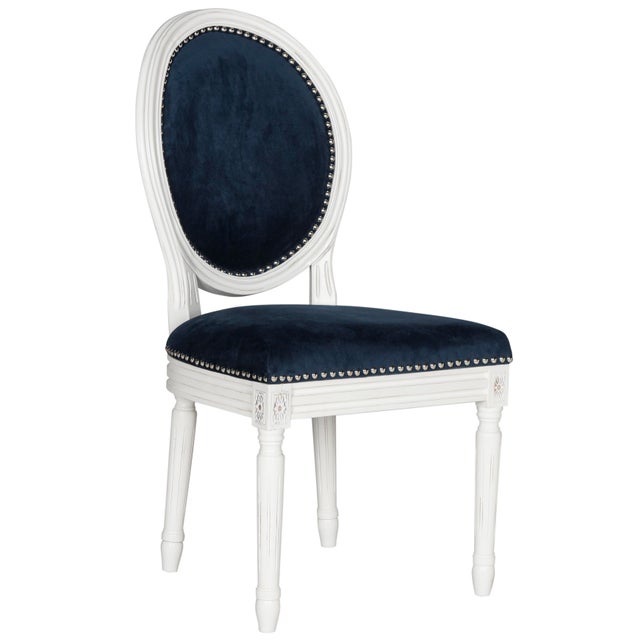 19''H French Brasserie Velvet Oval Side Chair With Silver Nailheads in Navy & Cream - a Pair For Sale - Image 4 of 7