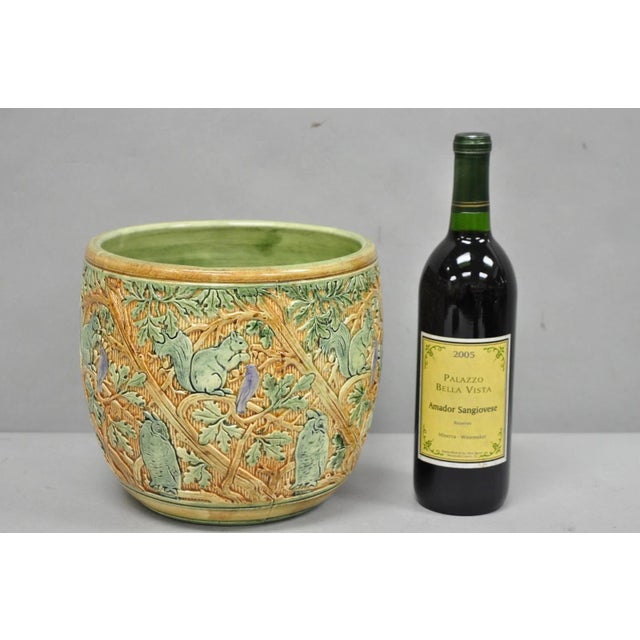 Antique Weller Clinton Art Pottery Green Glazed Squirrel & Acorn Pattern Arts & Crafts Planter Jardinière. Circa Early...