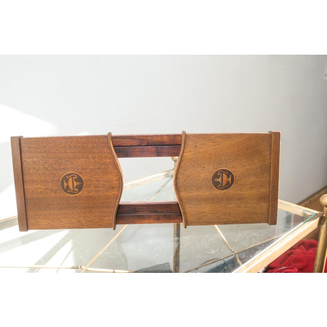 Wood Antique Victorian Mahogany Sliding Book Slide — Marquetry Inlaid Medallions — Adjustable Bookrack — Book Shelf Stand 19th Century English For Sale - Image 7 of 12