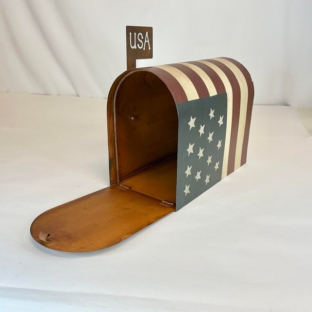 Mid-Century Americana Boho Chic Arts & Crafts Tole Painted Flag Mail Box Holiday Accent - 4th of July For Sale - Image 10 of 10
