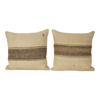 Vintage Turkish Hemp Kilim Pillow Cover, Set of Two White Striped Anatolian Cushion Cover, Pair Organic Tribal Pillowcase 23'' X 23'' For Sale