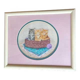 Vintage Matted and Framed Original Colored Pencil Drawing by Nancy Smith “Three Little Kittens” For Sale
