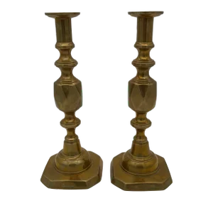 Pair of Late 19th Century Queen of Diamond Brass Candlesticks