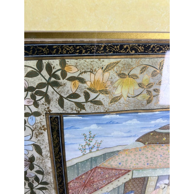 Textile 1940s Large Indian Miniature Painting Mughal Royal Court, Framed 30" For Sale - Image 7 of 10