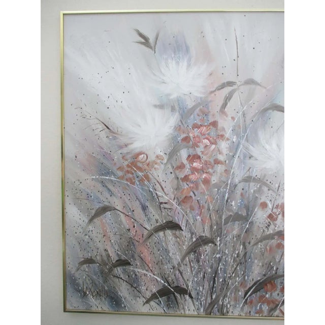 Beautiful oversized Lee Reynolds acrylic floral painting with texture on canvas. Painting has a gold metal frame and is...