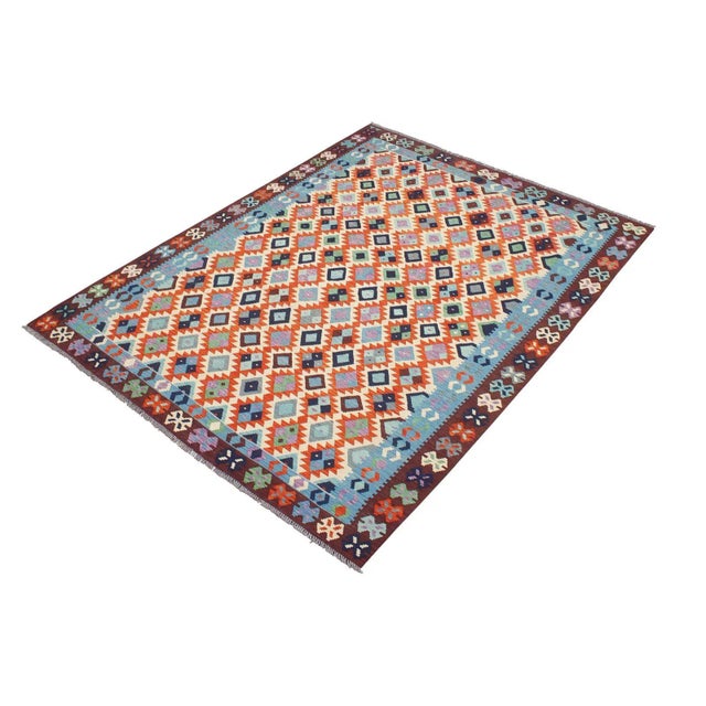 Contemporary 1990s Shabby Chic Kilim Beige Blue Wool Rug - 6'8" X 9'5" For Sale - Image 3 of 7