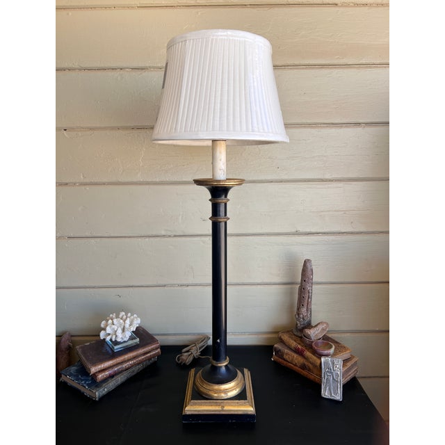 Vintage Italian Wooden Ebonized & Parcel Gilt Tall Table Lamp With New Drum Shade For Sale In Palm Springs - Image 6 of 15