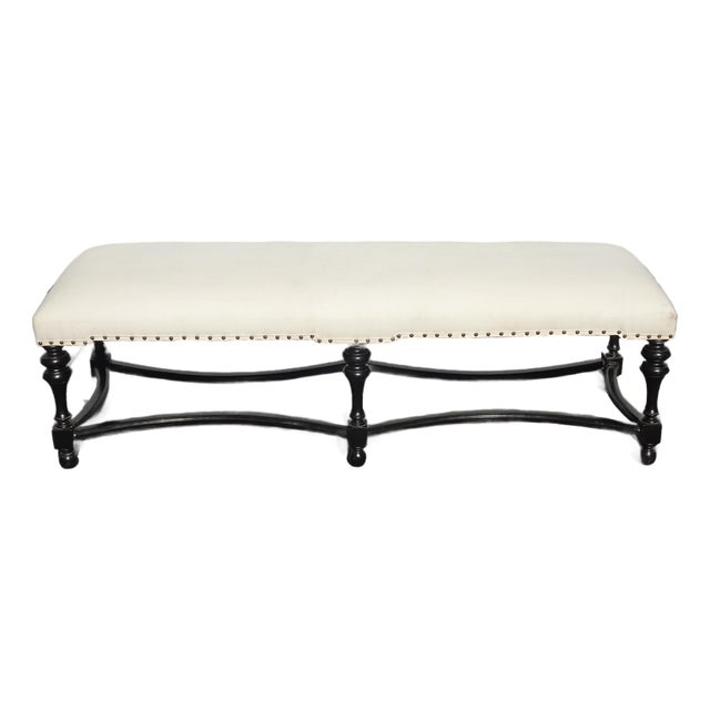 Modern White Bed Side Bench With Curved Black Base & Designer Fabric For Sale